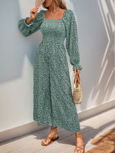 Perfee Smocked Printed Long Sleeve Wide Leg Jumpsuit Turquoise OutfitFlow